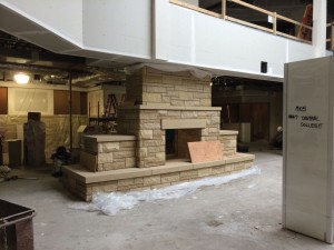 A new stone fireplace in Maytag Student Center serves as a focal point for the space.