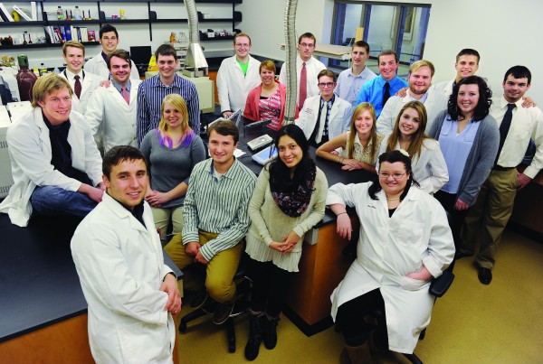 Chemistry students conduct original research. Front row: Carlin Michalek, Marissa Brandt, Nathaniel Holte, Shara Sosa, Ellie Miller. Second row: Andrew Johnson, Ben Palmer, Steven Kibby, Ashley Cruikshank, Alex Mandi, Hailey Benson, Taylor Sanders, Karlee Rock. Back row: Chase Kooyman, Zach Miller, Chris Askren, Austin Boldt, Brett Rozeboom, Joe Morrett, Sam Palmer, Aleksandar Glavas, Kevin Jack.