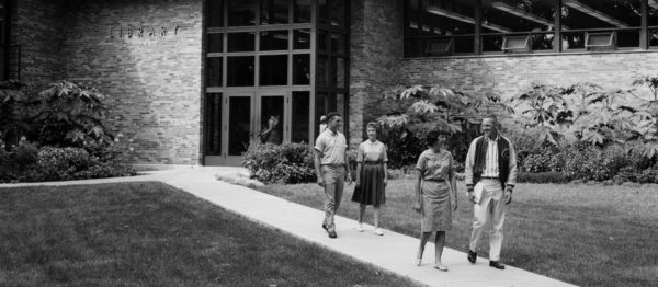 Students walk near the former library (now Lubbers Center for Visual Arts) in the early 1960s.